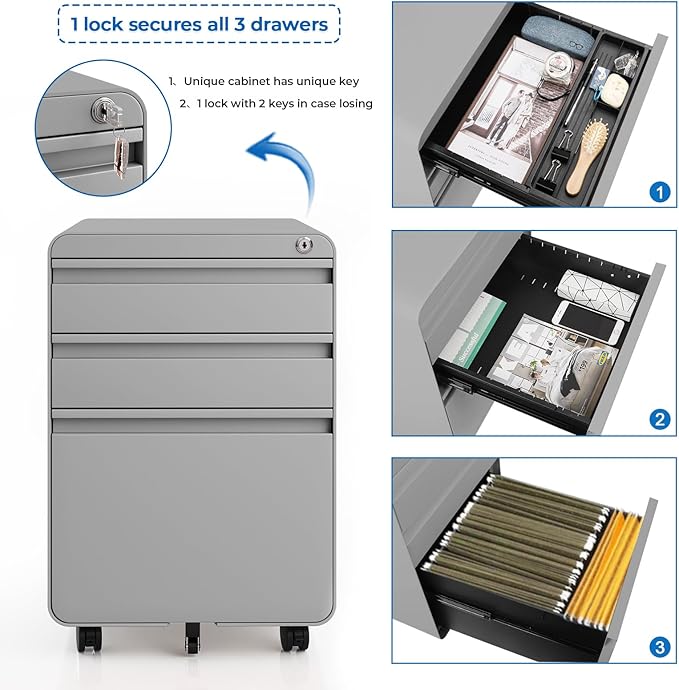 Dripex 3 Drawer Grey File Cabinet, Mobile Under Desk Storage File Cabinet with Lock on Wheels, Letter/Legal Size,Fully Assembled, Small Short Vertical Metal Rolling Filing Cabinets for Home Office