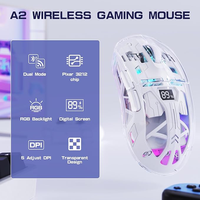 FREEWOLF A2 Transparent Wireless Gaming Mouse,Dual Mode BT 5.0/2.4G PC Gaming Mice,PixArt 3212 5 Adjustable DPI,Rechargeable Silent Mouse with Digital Screen,RGB Backlight Mouse for Win/Mac(White)