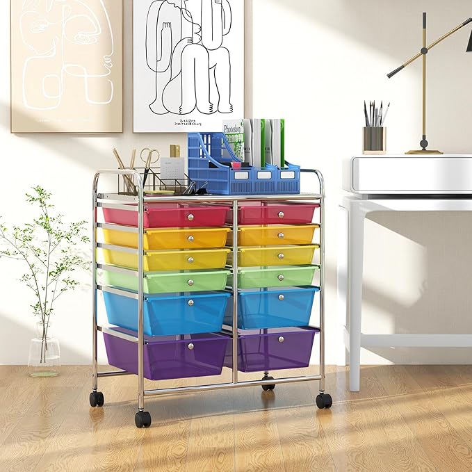 Moccha 12-Drawer Rolling Storage Cart - Utility Cart on Wheels with Lockable Casters for Craft Art Supply Paper Salon, Mobile Drawer Carts for Classroom Teacher School Office (Rainbow)
