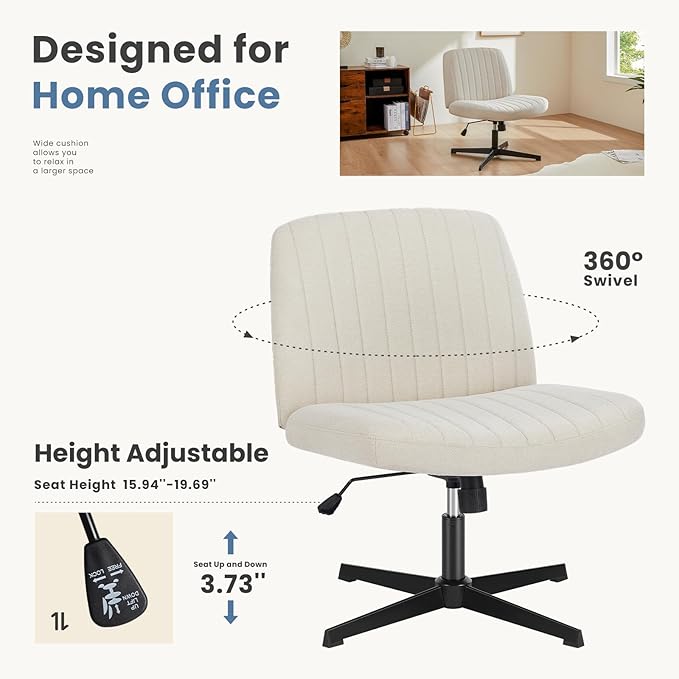 DUMOS Criss Cross Legged Chair Wide Comfy Home Office Desk Seat, No Wheels Armless Computer Task Seating, Swivel Vanity Chair Height Adjustable for Makeup Bedroom, Fabric Beige