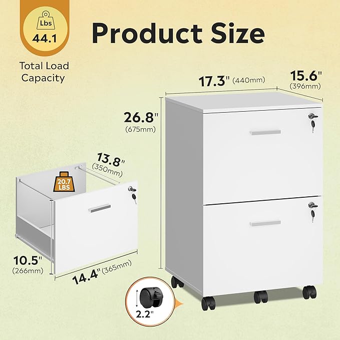 DEVAISE 2 Drawer File Cabinet, Mobile Printer Stand, Wood Filing-Cabinet fits A4 or Letter Size for Home Office, White