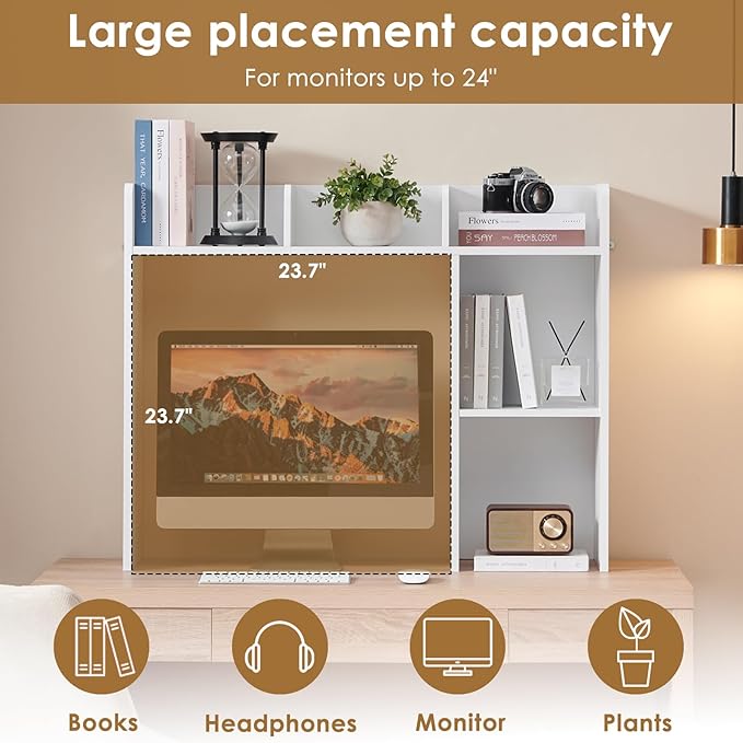 Nromant Desktop Bookshelf, Wooden Desk Storage Hutch with 5 Shelves, 3-Tier Desktop Display Organizer Rack for Office Home (White, 5 Shelves A)