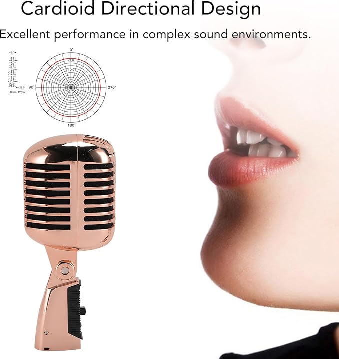 Classic Retro Microphone, Vintage Dynamic Microphone, Zinc Alloy Self Tensioning Rotating Rack, Unidirectional Cardioid Mic, Universal Stand Compatible (Rose Gold)