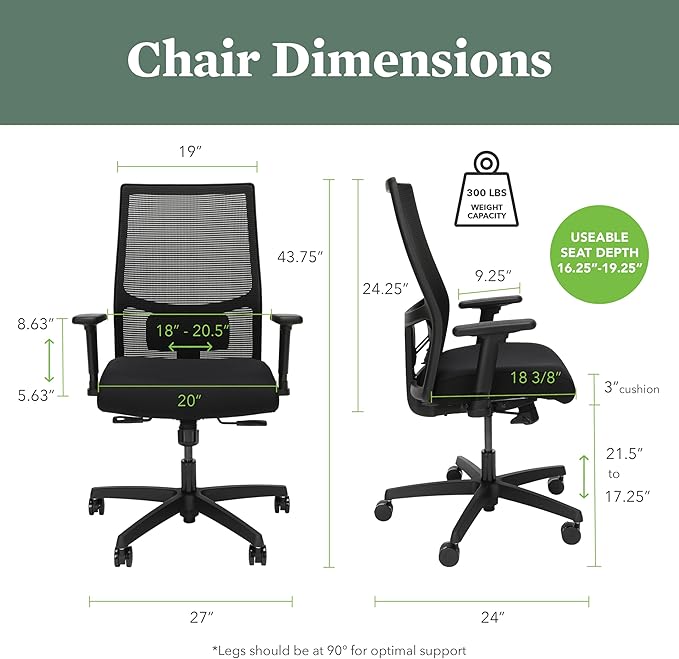 HON Ignition 2.0 Mid Back Task Chair, Spectrum Mesh, Standard Synchro-Tilt Control, Office Chair with Lumbar Support, Height and Width Adjustable Arms, Black Frame, Onyx