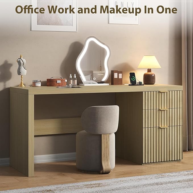60" Fluted Executive Desk with Ample File Drawer & Large Charging Station, Wood Modern Home Office Desk with Storage, Computer Writing Desk for Work, Living Room, Bedroom, Durable & Sturdy, Natural