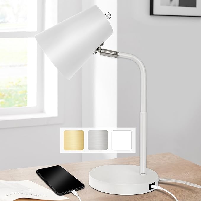 Adjustable Desk Lamp with USB-C Charging Port, 15.5 inches, White (White with White Shade)