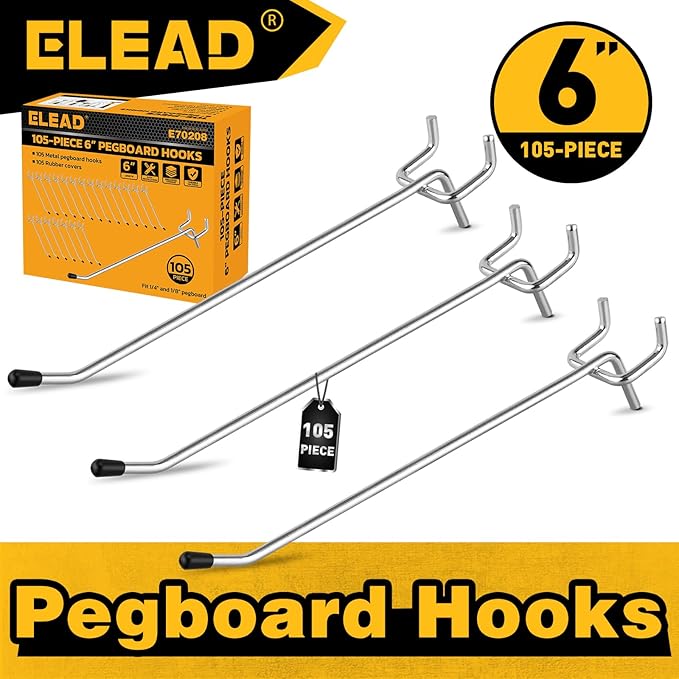 ELEAD 105-Piece 6 Inch Pegboard Hooks, Heavy Duty Peg Board Organizer Accessories, Peg Board Tool Hangers Fit for 1/4" and 1/8" Pegboard Hanging Tools Garage, Workshop, and Craft Storage
