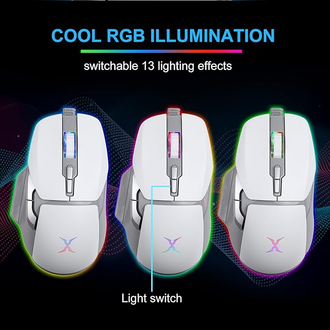 FOXXRAY BM-88 RGB Gaming Mouse, 7200 DPI, Musicsync Backlit, Wired Optical Mouse with 7 Programmable Buttons, 13 Lighting Effects, Braided Cable, Gaming Mouse for PC/Laptop - White