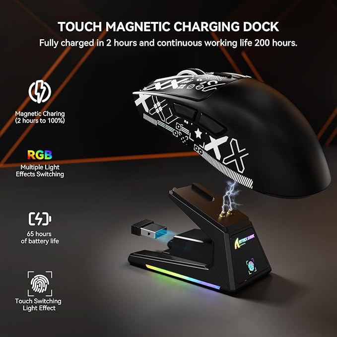 X1 Superlight Wireless Gaming Mouse with RGB Magnetic Charging Dock, BT/2.4G Wireless/Wired Gaming Mouse, PAW3395PRO Gaming Sensor, 40000DPI, Tape, 53g Office Mice for PC/Mac/Win/Xbox (Black)