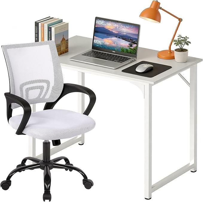 PayLessHere 32 Inch Home Office Desk and Chair Set,32 Inch Computer Desk with Ergonomic Height Adjustable Office Chair for Home Office,White & White