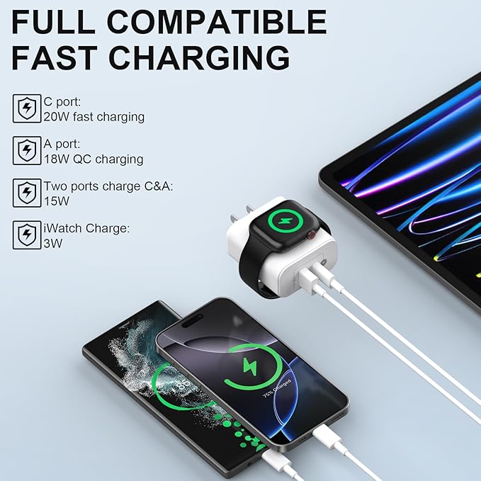 for Apple Watch Charger, 3 in 1 USB C Portable Wall Fast Charging Block, 23W Dual Ports Charging for iWatch Series 10/9/8/7/6/SE/5/4/3/2/1/Ultra, for iPhone 17/17 Pro/17 Pro Max/16/15