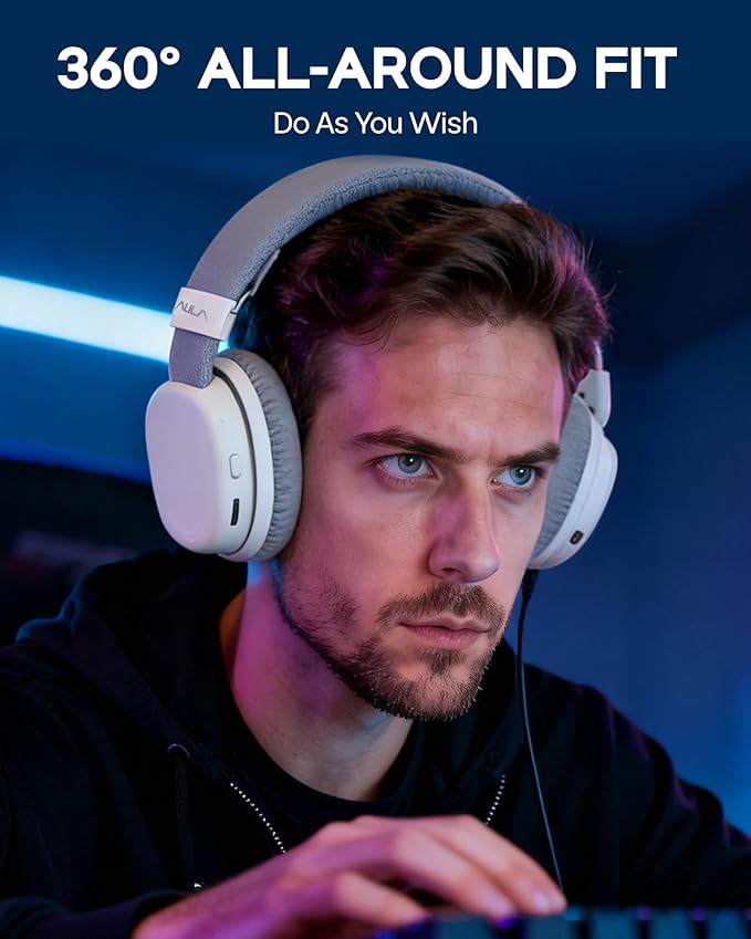 MechLands Aula G7 Wireless Gaming Headset for PS4/PS5/PC/Switch, Over-Ear Headphones with Detachable Noise Canceling Mic, RGB, Surround Sound, 60H Battery, 2.4GHz/BT/Wired (White)