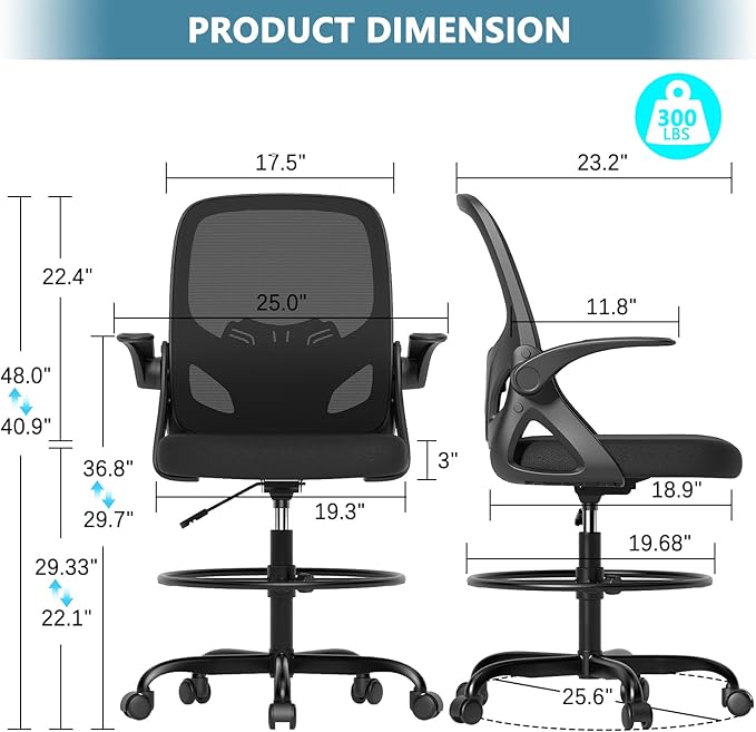 Kensaker Drafting Chair Tall Office Chair, Ergonomic Standing Desk Chair with Adjustable Foot Ring and Flip-up Armrests, Mesh Computer Chair for Art Studio, 300 LBS, Black