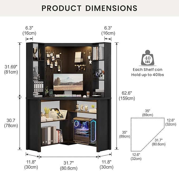 Corner Desk with LED Reading Lights, L Shaped Computer Desk with Hutch & Shelves, Triangle Home Office Desk w/ Charging Station for Work & Study, File Cabinet Storage Bookshelf for Small Space (Black)