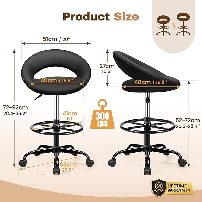 BESTFAIR Office Drafting Chair - Bar Stools with Back Support, Adjustable Foot Rest and Wheels, Shop Rolling Swivel Chair for Standing Desk Counter Kitchen Salon Home Vanity, Black 4 Pack