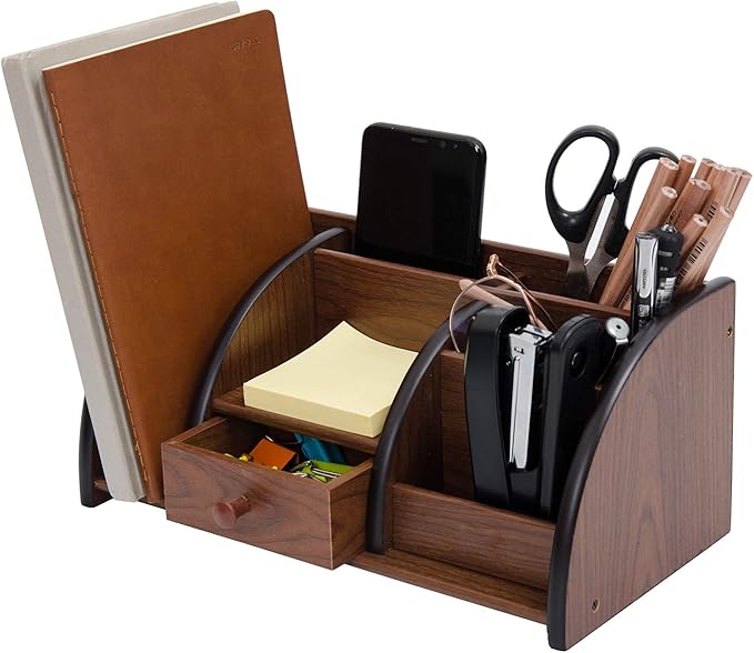Cherry Brown Wood Desktop Organizer Multiple Compartments Stepped Racks Drawer Shelf Tabletop Storage Cabinet Stationery Holder Office Accessory Supplies Caddy Sorter Home