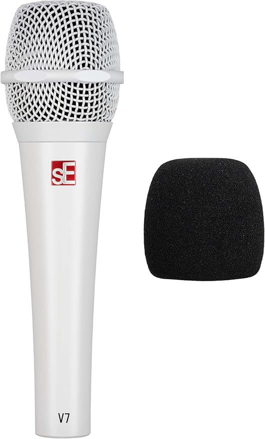 Audiosavings SE Electronics V7 White Bundle: Handheld Dynamic Supercardioid Vocal Microphone, WS07 External Windscreen for Plosive Reduction, Clear Stage Performance, Speech, Recording Use, 2-Items