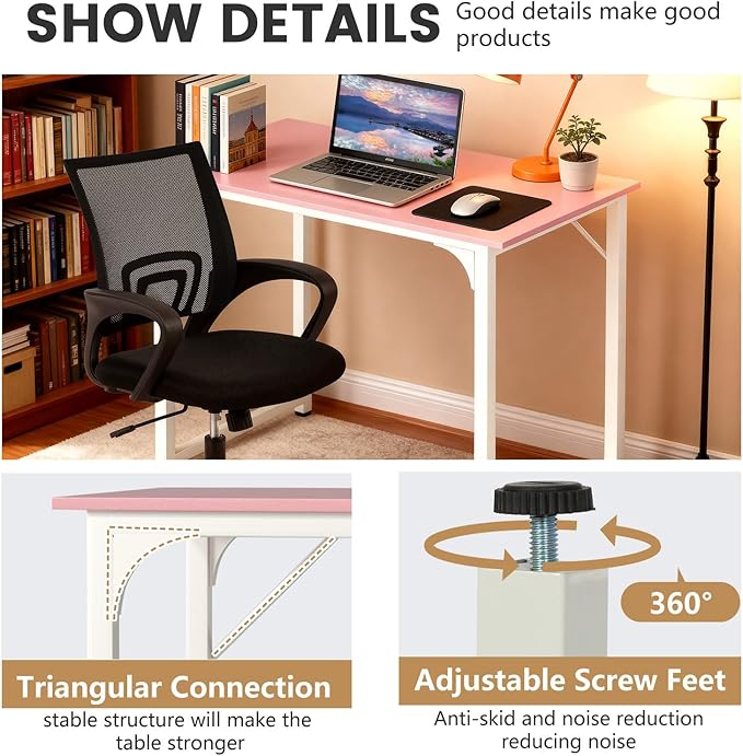 PayLessHere 32 Inch Home Office Desk and Chair Set,32 Inch Computer Desk with Ergonomic Height Adjustable Office Chair for Home Office,Pink&Black
