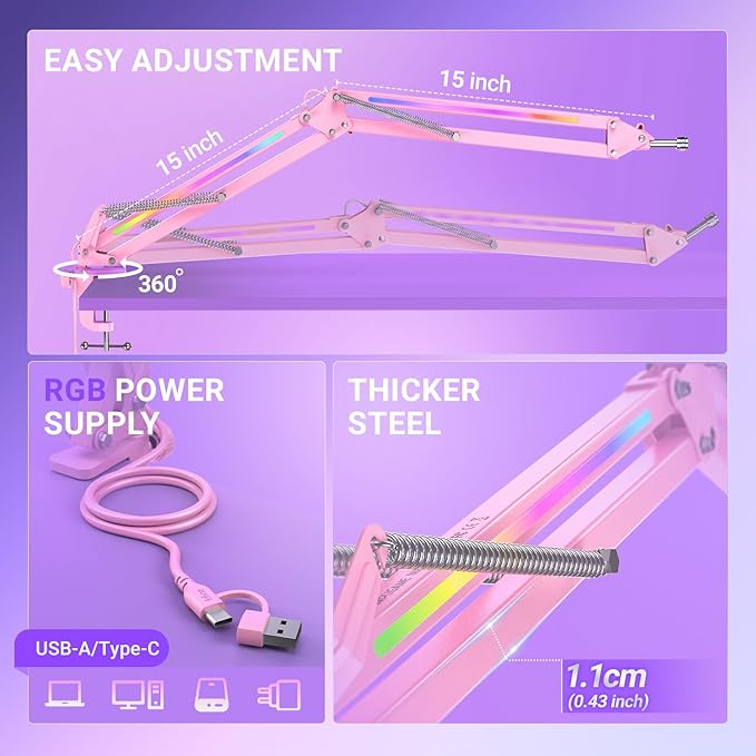 FIFINE Pink Podcast Microphone and RGB Mic Arm Bundle, XLR/USB Studio Dynamic Mic with Mute Button & Gain, RGB Adjustable Scissor Mic Stand with 3/8"-5/8" Adapter for Streaming, Gaming-K688P+BM38P