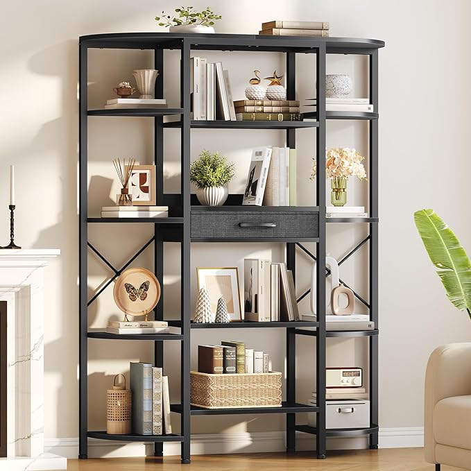 HOOBRO Triple Column 5 Tier Book Shelf, Industrial Bookcase with 12 Open Shelves and Fabric Drawer, Storage Rack, Display Shelf, Tall Bookshelf for Home Office, Living Room, Black BB161SJ01