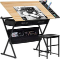 VECELO Drafting Table Art Desk Art Table Adjustable Drawing Table Tilted Tabletop with 2 Storage Drawers and Stool, Drawing Desk for Artist Painters Drawing, Crafting, Reading, Writing, Natural
