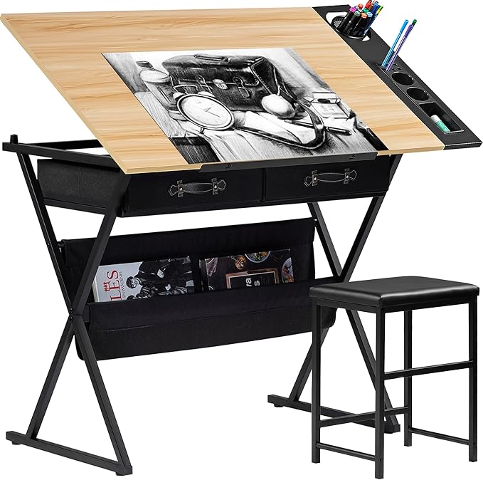 VECELO Drafting Table Art Desk Art Table Adjustable Drawing Table Tilted Tabletop with 2 Storage Drawers and Stool, Drawing Desk for Artist Painters Drawing, Crafting, Reading, Writing, Natural