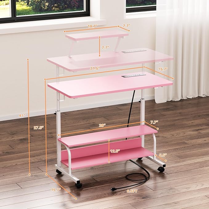 Height Adjustable Standing Desk with Power Outlets and LED Lights - 32" Manual Stand Up Desk with Monitor Stand and Storage Shelves Small Mobile Rolling Computer Desk Portable Laptop Table, Pink