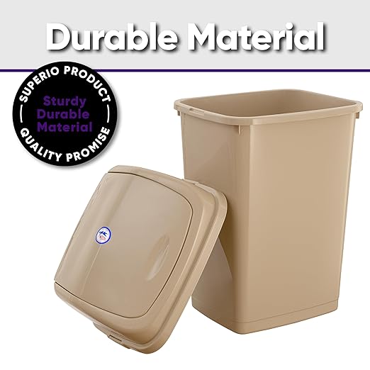 Superio Kitchen Trash Can 13 Gallon with Swing Lid, Plastic Tall Garbage Can Outdoor and Indoor, Large 52 Qt Recycle Bin and Waste Basket for Home, Office, Garage, Patio, Restaurant (Beige)