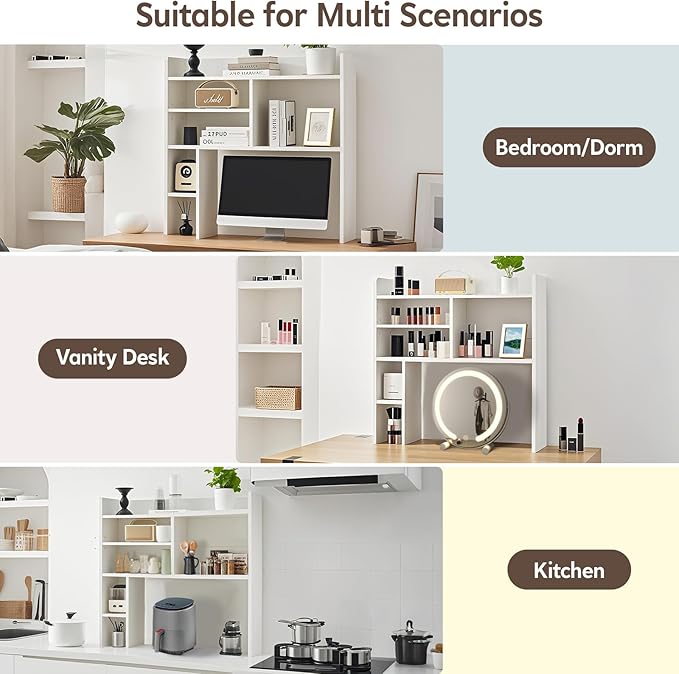 TUKAILAi Desktop Bookshelf Organizer, Countertop Storage Hutch with 7 Shelves for Desk, Dorm Desk Hutch Wood Display Rack for Home Office (White)