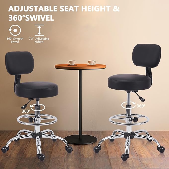 KLASIKA Drafting Stool Chair with Back, Adjustable Foot Rest Backrest Swivel Rolling Stool, Multi-Purpose Office Desk Chair, Thickened Seat for Home Bar Spa Kitchen Shop 2pack
