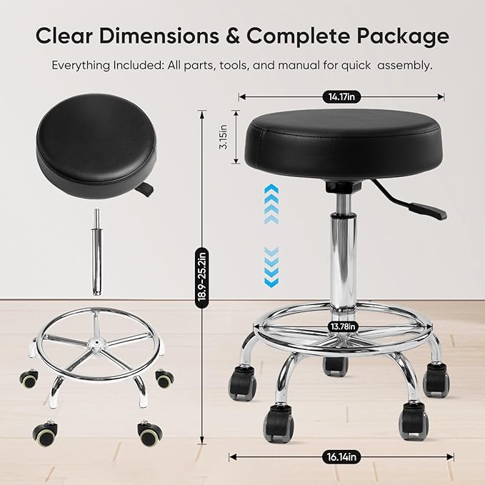 Adjustable Rolling Stool with Wheels & Footrest, 485lb Capacity Drafting Stool Chair, Swivel Salon Spa Tattoo Medical Office Chair, Black