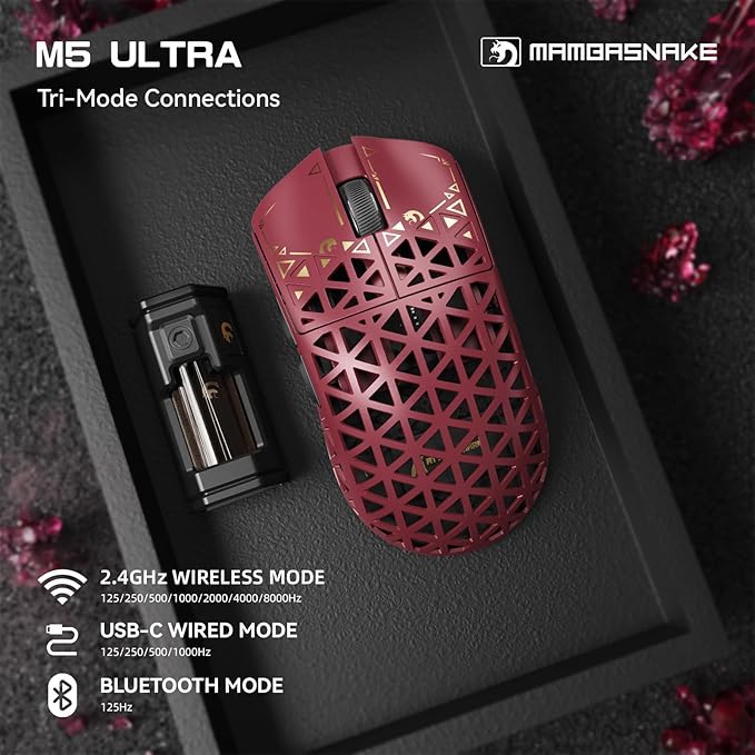 MAMBASNAKE M5 Ultra Carbon Fiber 8000Hz Wireless Gaming Mouse, 39g Superlight, 42000DPI, PAW3950MAX Sensor, Nordic 52840 Chip, Bluetooth/2.4G/USB-C Wired Mice with Coiled Cable for PC/Mac (Red)