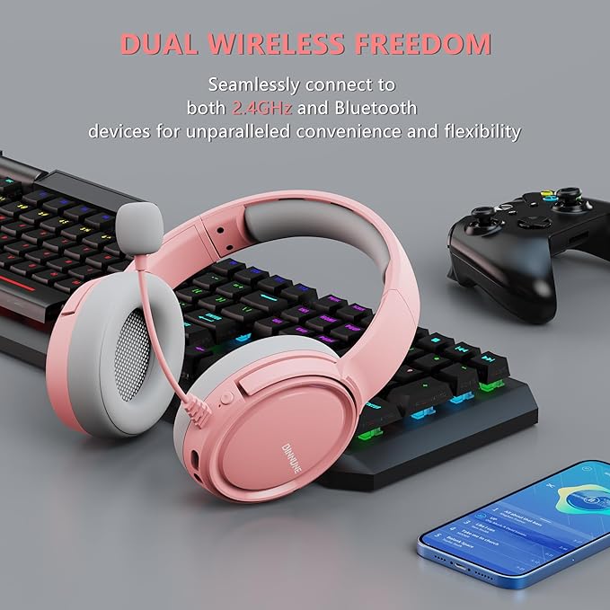BINNUNE Wireless Gaming Headset for Ps5, Ps4, PC - 2.4GHz Low-Latency USB Dongle & Ultra Stable Gaming Headphones with Flip Microphone, 40-Hr Battery Gamer Headset for Switch, Laptop, Mobile, Mac