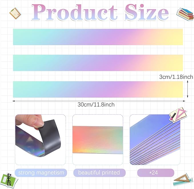 Ireer 24 Pieces Magnetic Strips Retro Magnetic Border for Classroom Whiteboard Bulletin Board Decorative Strips with Adhesive Borders for Bulletin Chalkboard(Laser)
