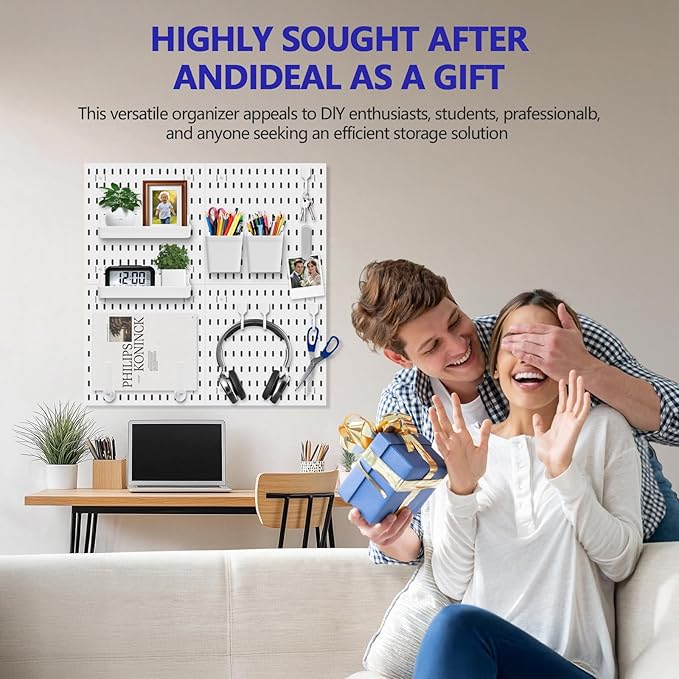 white pegboard wall organizer - skadis peg board panels for desk and wall control - durable pegboard （White, 22″×22″）