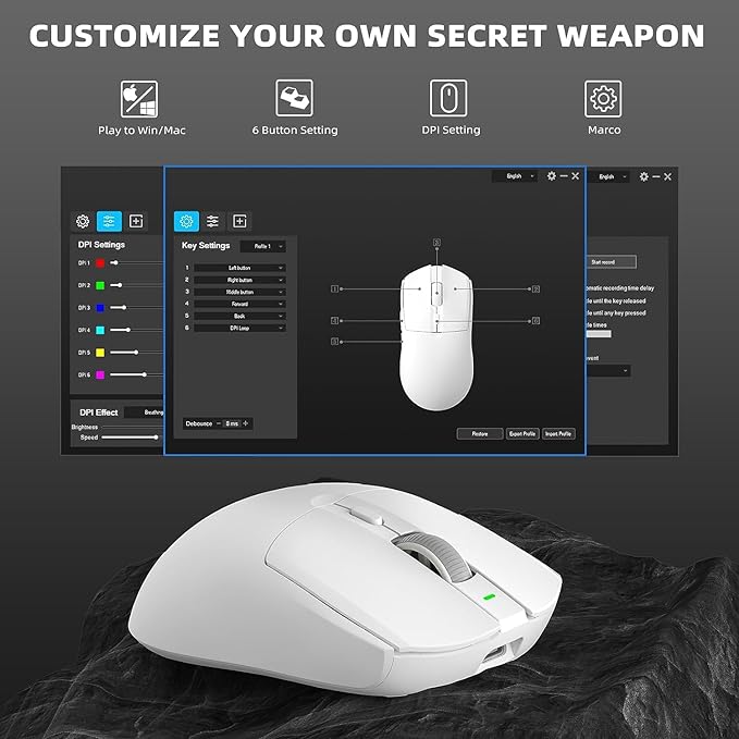 A.JAZZ AJ139 G Pro Wireless Gaming Mouse Ultra-lightweight 59g with Dual Mode-Type C Wired/2.4Ghz USB Receiver up to 26000DPI 6 Programmable Button Ergonomic Symmetric for PS4 XBox PC Mac Gamer(White)