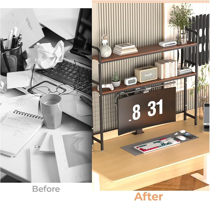 GCCSJ Bookshelf for Desk，2-Tier Desktop Bookshelf Organizer，Multifunctional Desktop Bookcase with Metal Frame & Wood Shelves，Perfect for Organizing Books, Magazines, Office Supplies - Black