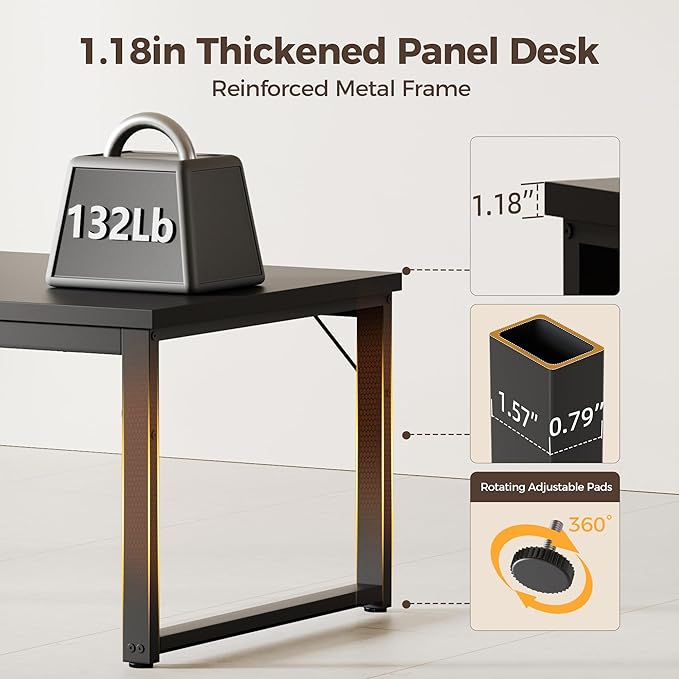 Mericonia 40 Inch Computer Desk, 1.2" Thick Modern Simple Study Writing Table, Heavy Duty Industrial Office Desk for Home Bedroom Workstation, Black