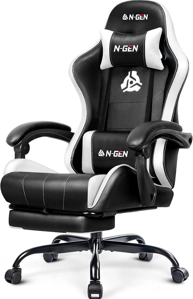 NEO CHAIR Video Gaming Chair with Footrest High Back Ergonomic Comfortable Office Computer Desk with Lumbar Support Height Adjustable with PU Leather Recliner for Adults Women Men (White)