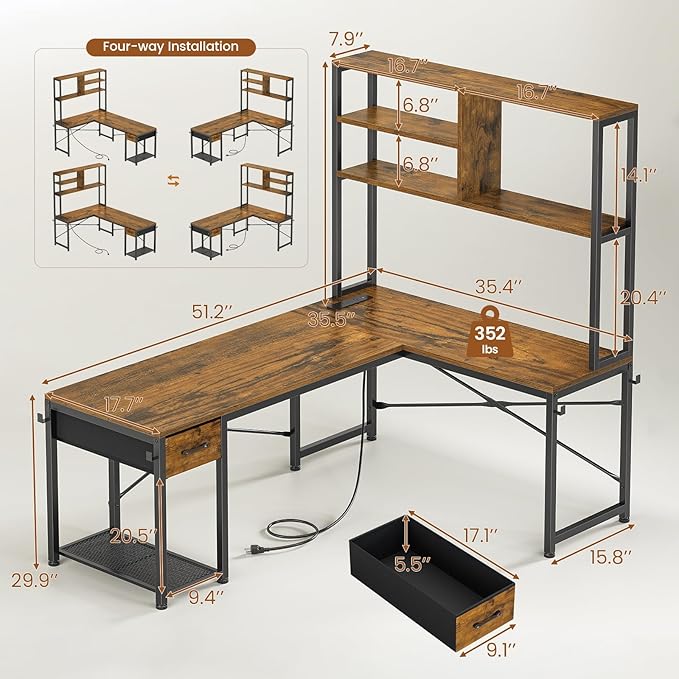 SEDETA L Shaped Gaming Desk, 51.2" Reversible Small Corner Desk with Drawer, Power Outlet & LED Lights, Computer Desk with Storage Shelves for Small Space, Rustic Brown