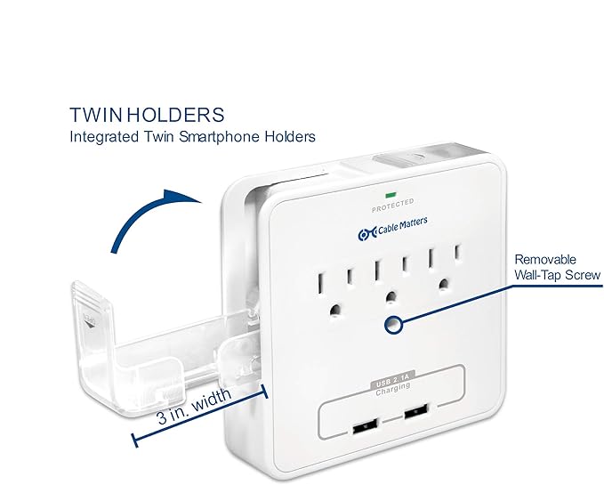 Cable Matters 3 Outlet Wall Mount Surge Protector with USB Charging and 3 Inch Wide Slide-Out Smartphone Holders White