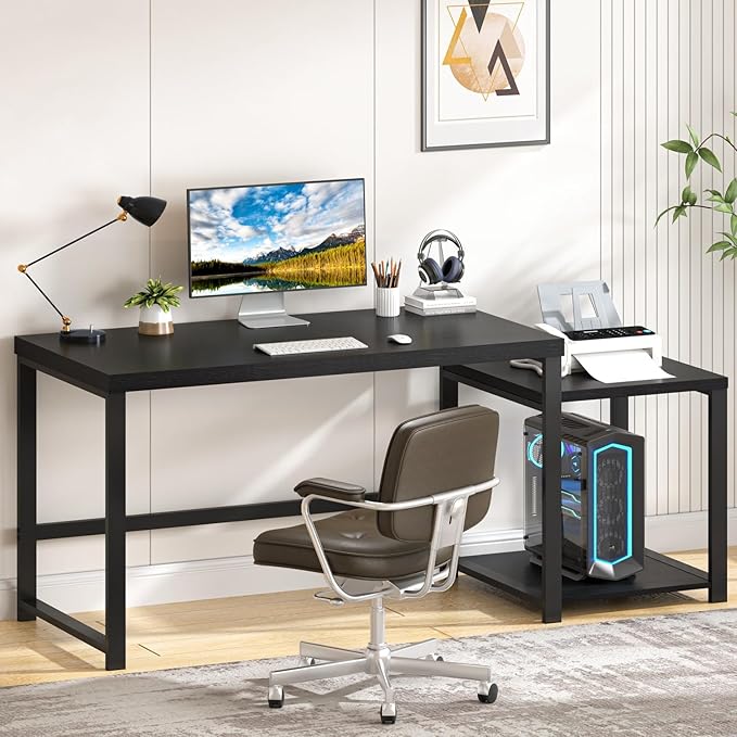 FOLUBAN Large Home Office Desk, Black Computer Desk with Storage Shelves, Modern Wood Writing Study Gaming Table for Bedroom Living Room, 63 Inch