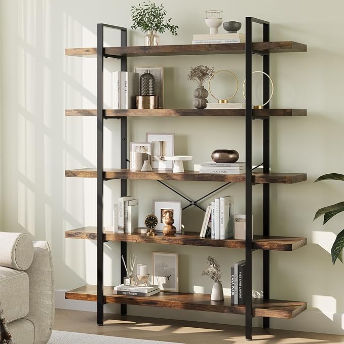 OtterOasis Heavy Duty 5-Tier Industrial Bookcase, 47" Wide Wood Bookshelf for Home Office, 120lbs Shelf Capacity, Rustic Open Shelving Display with Reinforced Horizontal Shelf for Living Room Bedroom