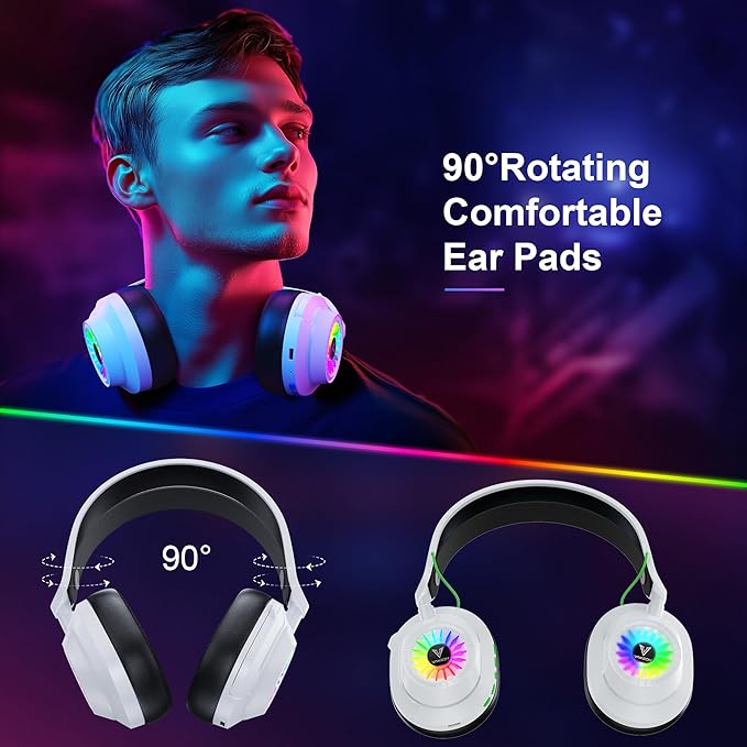 Vakedy HW10 Wireless Gaming Headset for PS5, PS4, PC, Switch, Mac, 2.4GHz Wireless Gaming Headphone with Flip Noise Canceling Mic, 50H Battery, 50mm Drivers, RGB Lights (White/Black)
