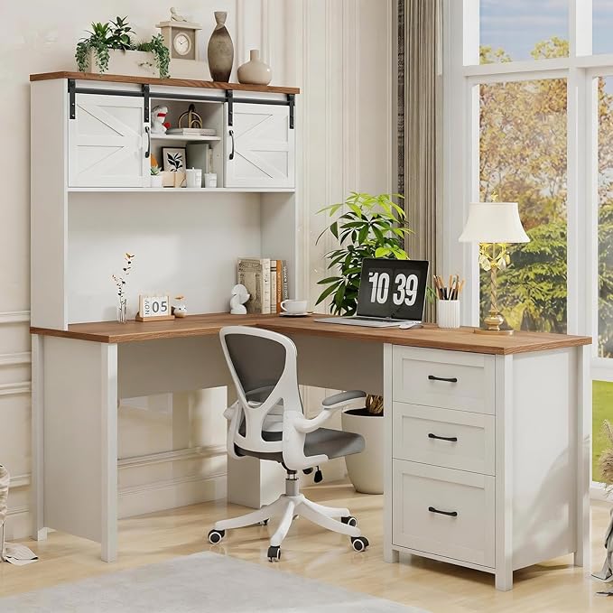 Vabches Farmhouse 68" H L Shaped Desk with Hutch,Office Table with 3 Drawers and Sliding Doors, Executive Desk with File Drawers, Wood Workstation for Home Office and Study