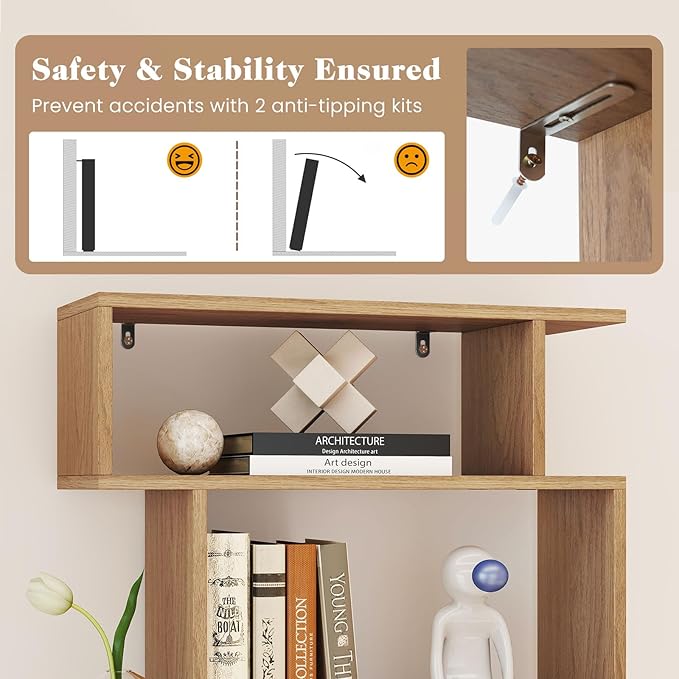 Giantex 6-Tier Geometric Bookshelves Set of 2, S-Shaped Bookcase with 2 Anti-Tipping Kits, Wooden Display Shelf, Decorative Storage Shelving Unit, Home Storage Organizer for Living Room, Natural