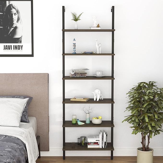 Wolawu Ladder Shelf Black 6 Tiers Modern Bookshelf Room Organizer Open Tall Wall Mount Bookcase Standing Leaning Wall Shelves Industrial Decorative Living Room Bed Room (Brown)