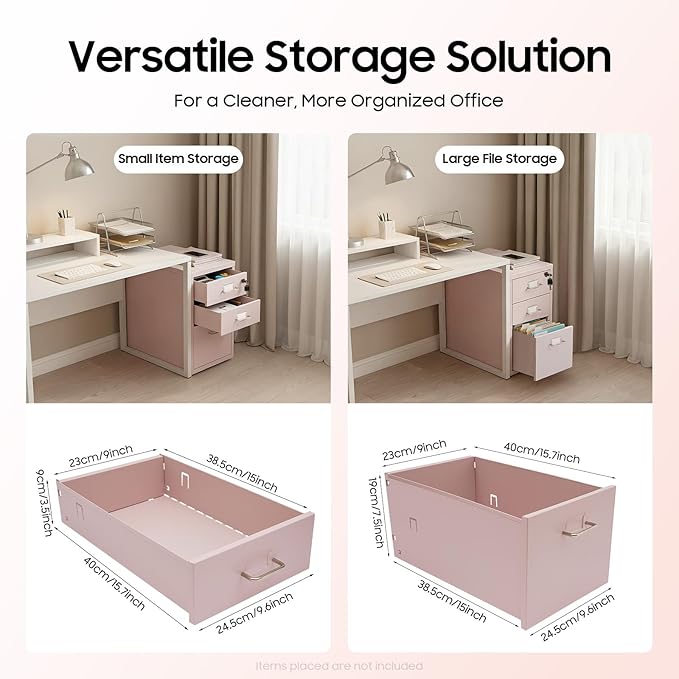 3-Drawer Metal File Cabinet, Mobile File Cabinet with Lock, Rolling Vertical Filing Drawers Under Desk for Home Office, 11 * 16 * 18.3in (Light Pink)