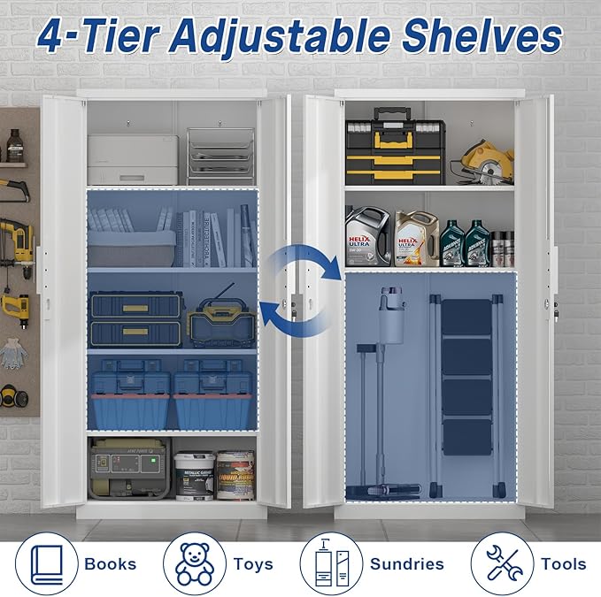 White Metal Storage Cabinet with Doors and Shelves, 71" Tall Metal Garage Cabinets with Lock, Lockable Office Storage Cabinets, Steel Tool Cabinets for Home Office,Garage,Shop