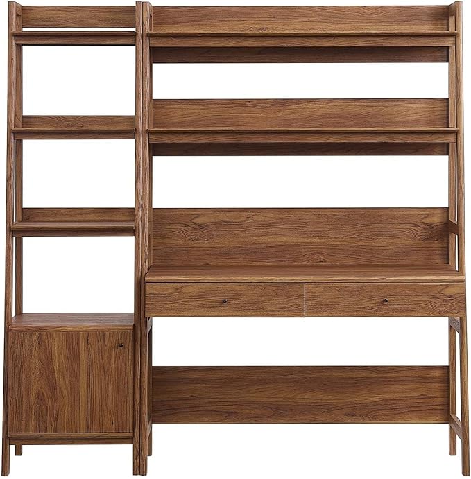 Modway 2-Piece Home Office Desk and Bookshelf Display Case in Walnut